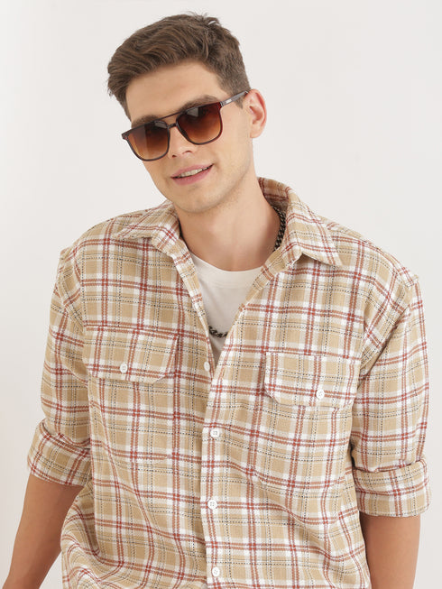 Beige & Light Brown Checked Full Sleeve Oversized Casual Shirt